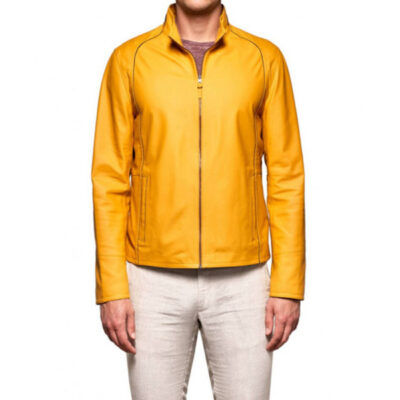 Men Yellow Quilted Leather Shoulder Jacket