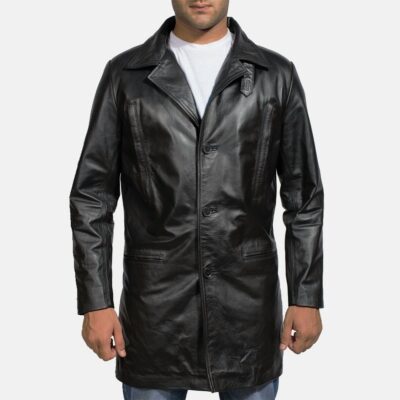 Mens Black Leather Trench Coat